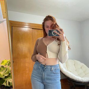 Wild Fable Brown & White Cropped Cardigan